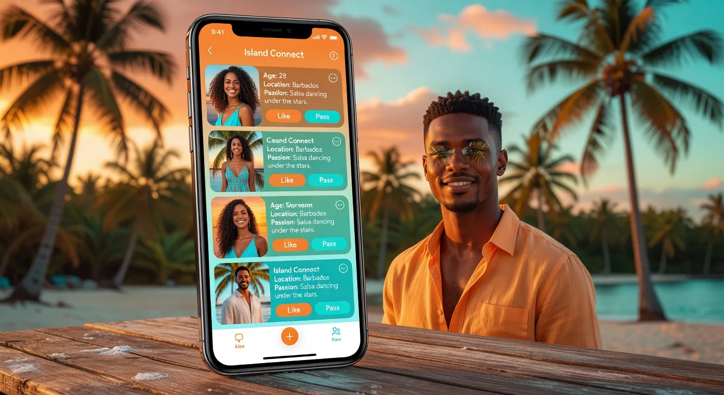 Smartphone affichant une application de rencontre stylisee avec palmiers tropicaux en arriere-plan