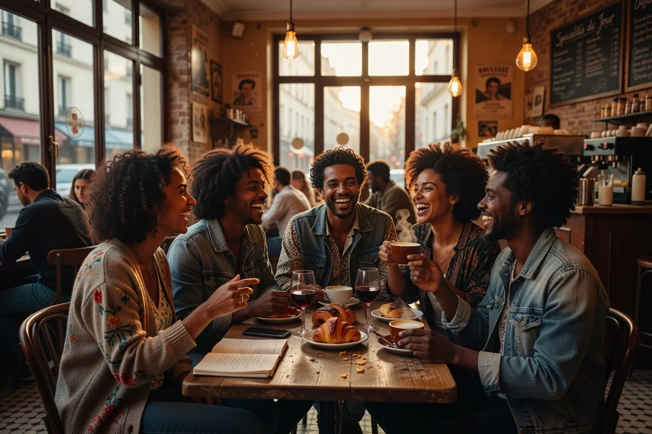 Groupe d'amis de la diaspora antillaise et reunionnaise discutant dans un cafe parisien