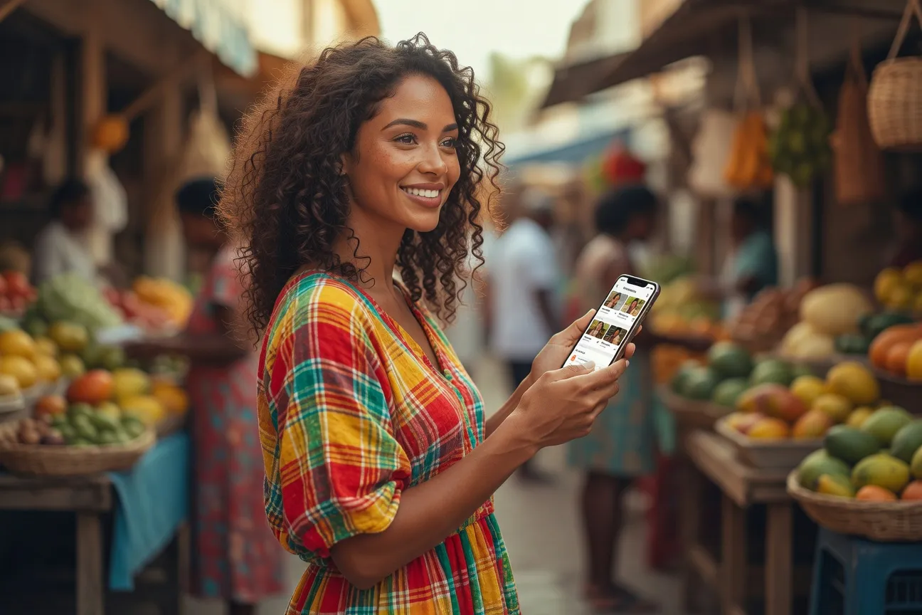 Femme antillaise creole avec smartphone montrant une application de rencontre devant un marche de Pointe-a-Pitre