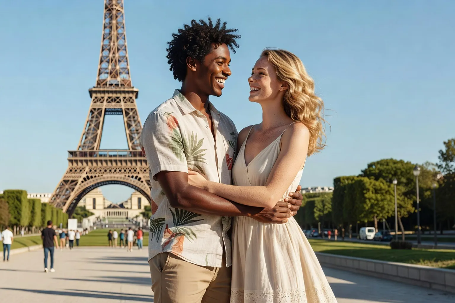 Couple créole tenant de petits drapeaux des DOM-TOM devant la Tour Eiffel, sourires partagés