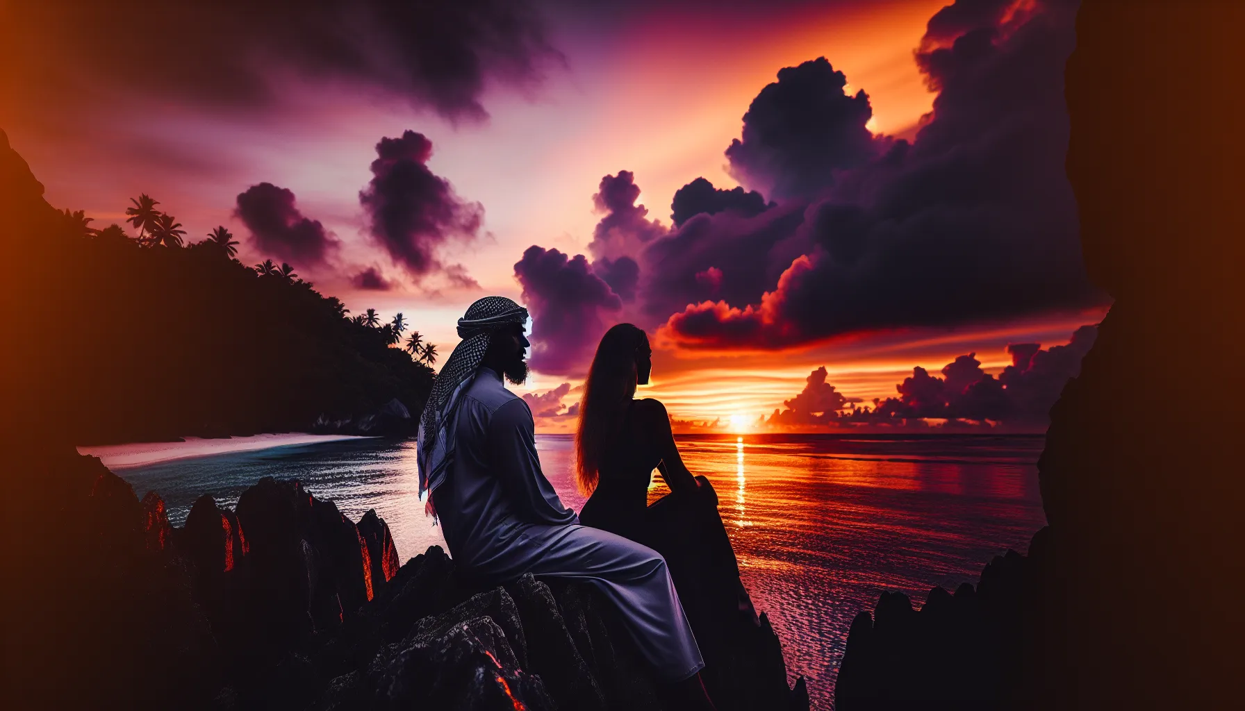 Couple au coucher de soleil dans un territoire d'outre-mer