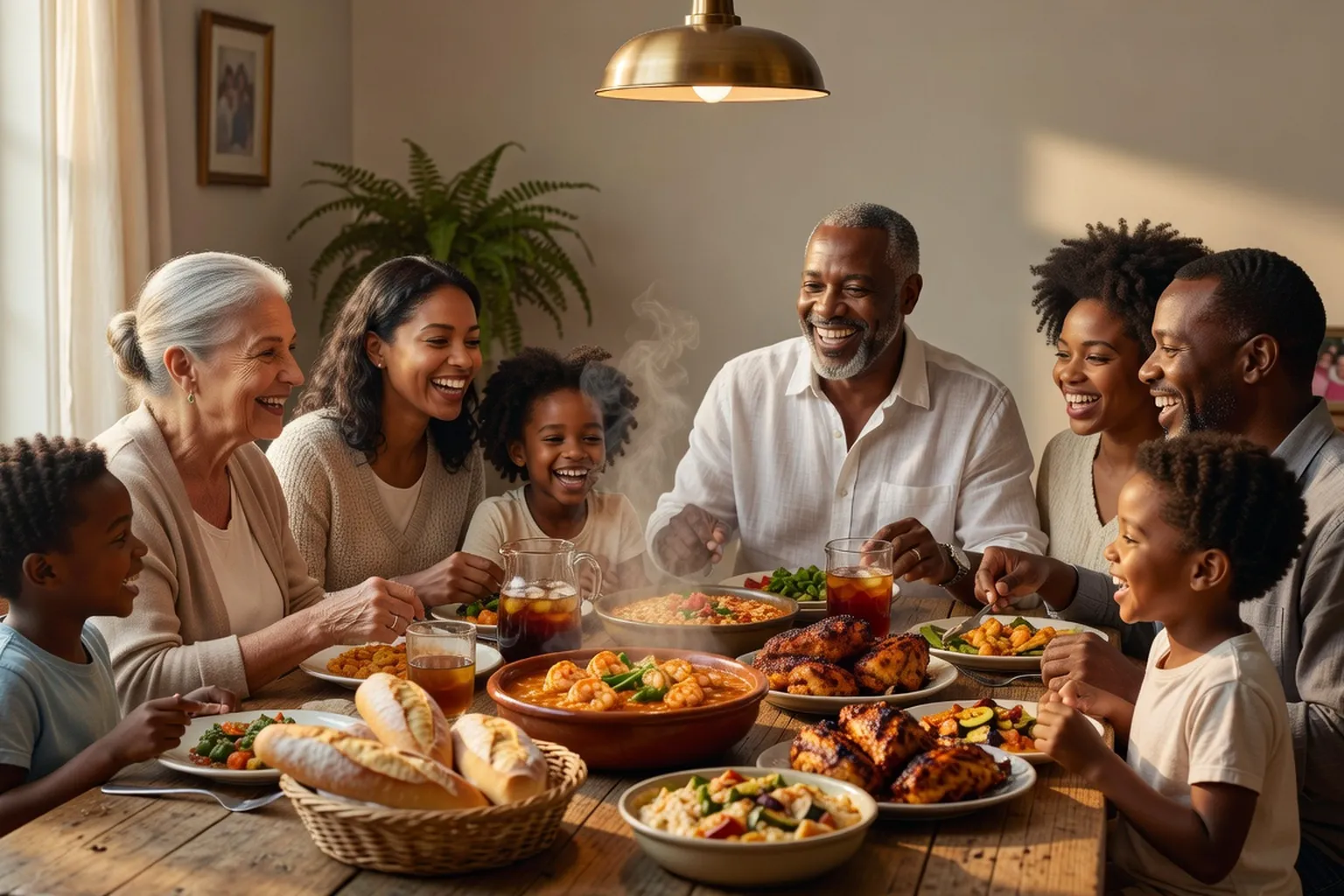Famille multiculturelle réunie autour d'un repas créole, joie visible et lumière chaude