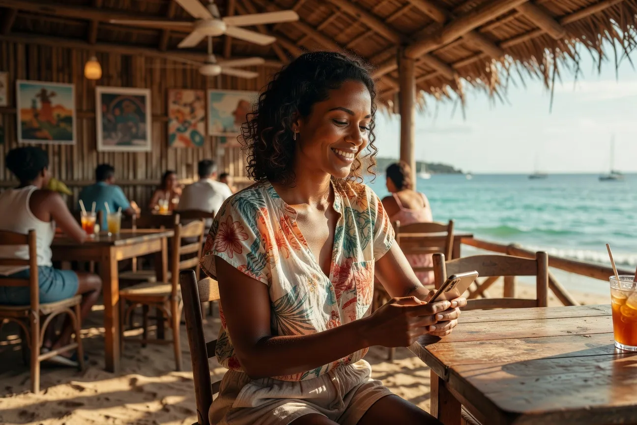 Femme antillaise creole dans un cafe de plage a Fort-de-France utilisant son smartphone