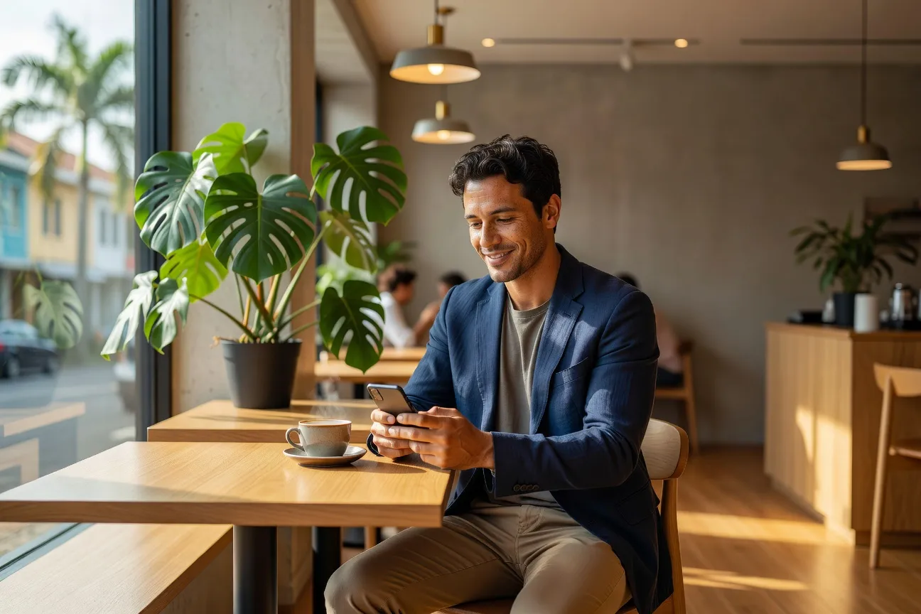 Homme reunionnais metisse dans un cafe de Saint-Denis Reunion utilisant un smartphone