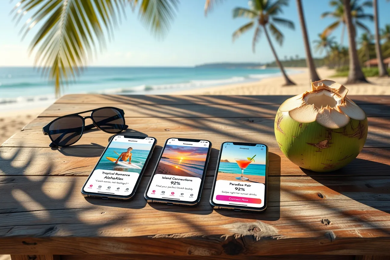 Trois smartphones avec applications de rencontre Meetic Badoo Tinder sur table en bois tropicale