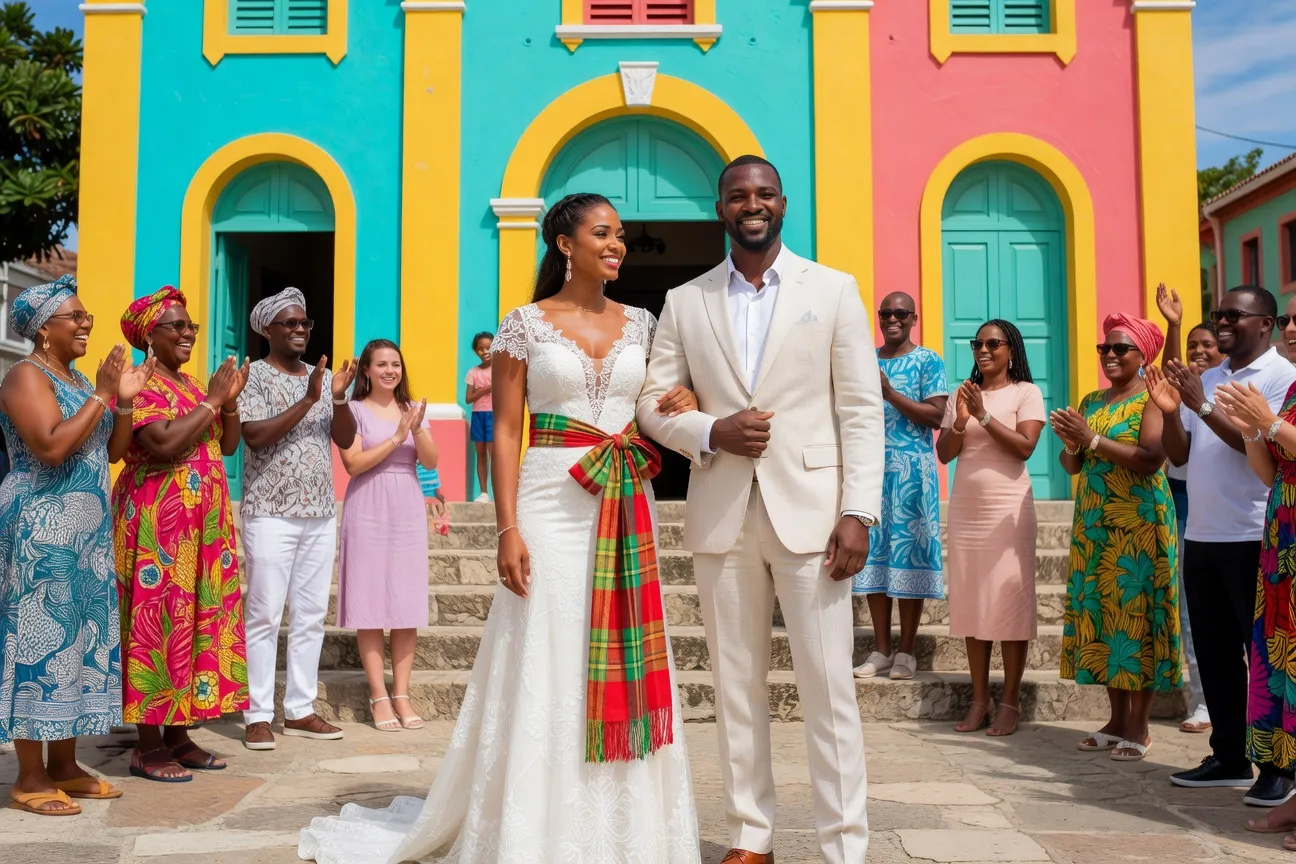 Ceremonie de mariage creole traditionnel avec mariée en robe blanche et madras devant une eglise martiniquaise
