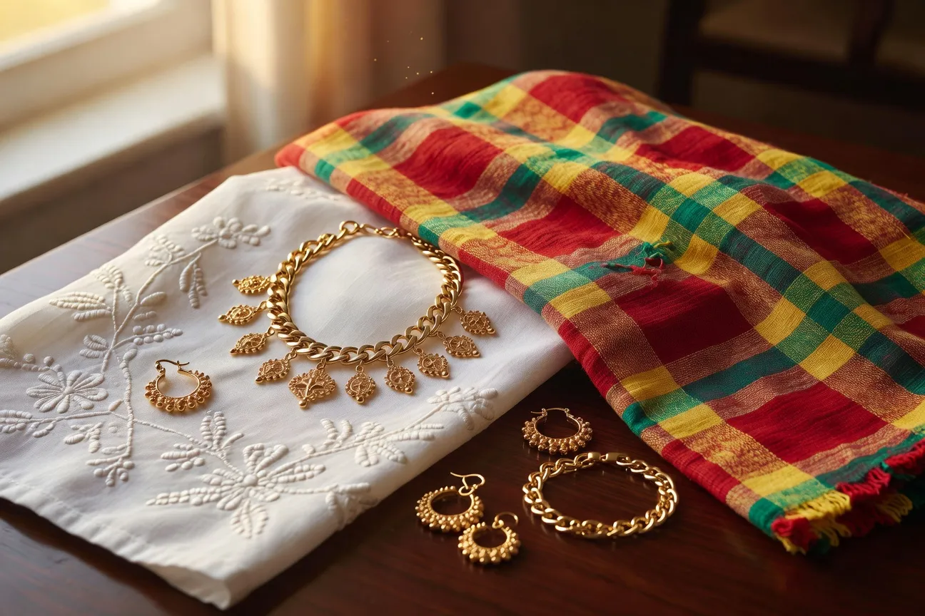 Tissu madras antillais traditionnel et bijoux creoles en or, collier-chou et boucles, gros plan