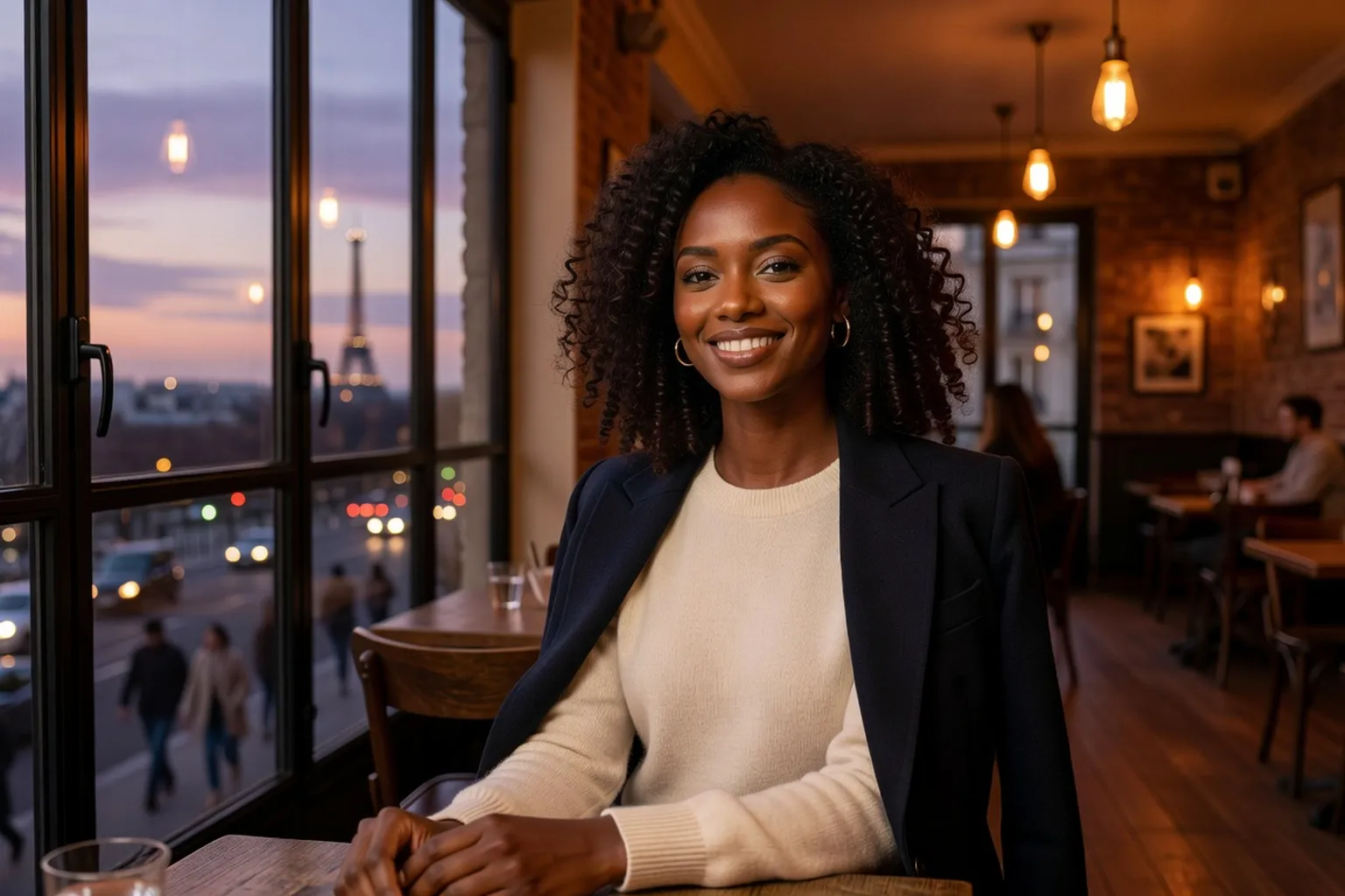 Femme antillaise souriante dans un café parisien, ambiance chaleureuse et décontractée