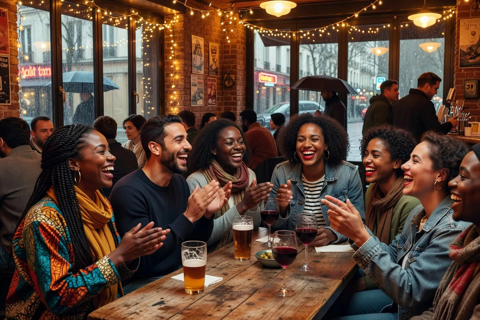 Groupe mixte diversifié dans un bar parisien, ambiance festive et chaleureuse