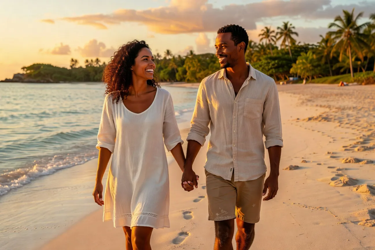 Couple antillais creole se promenant main dans la main sur une plage de Guadeloupe au coucher du soleil