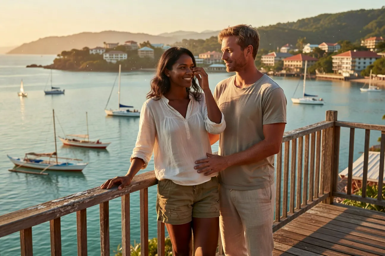 Femme melanesienne kanak et homme europeen sur un balcon donnant sur la baie de Noumea