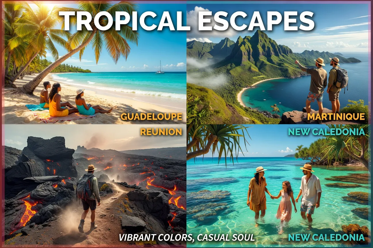 Collage de quatre destinations tropicales DOM-TOM : Guadeloupe, Martinique, Reunion, Nouvelle-Caledonie