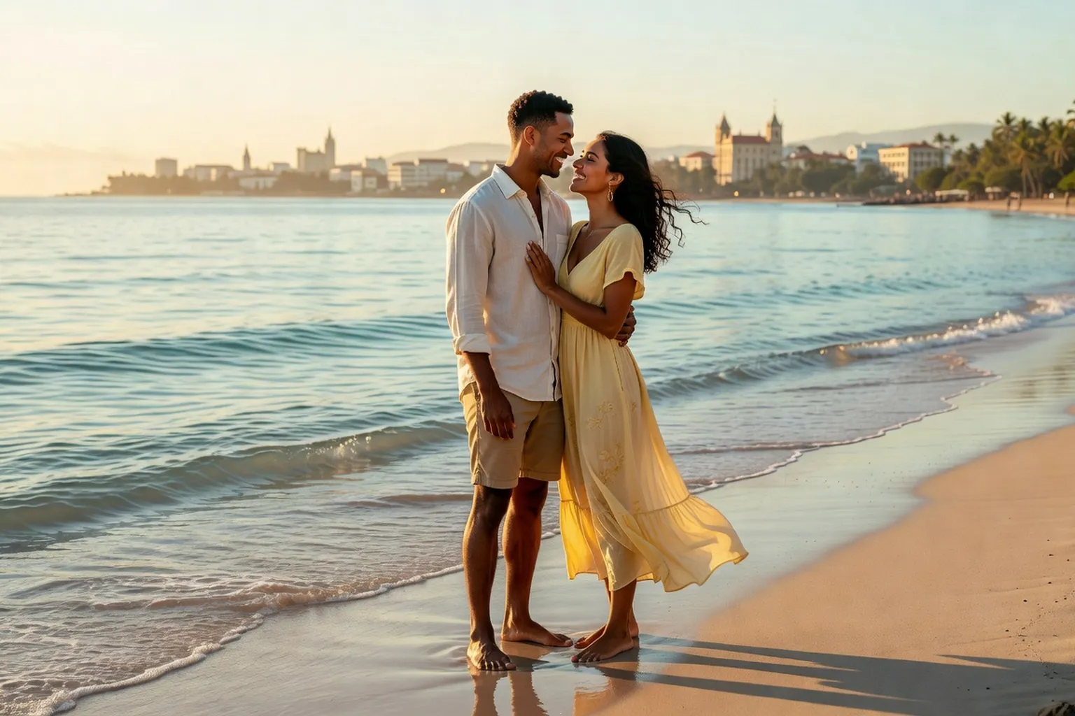 Couple métissé sur une plage de Martinique avec Fort-de-France en arrière-plan au lever du soleil