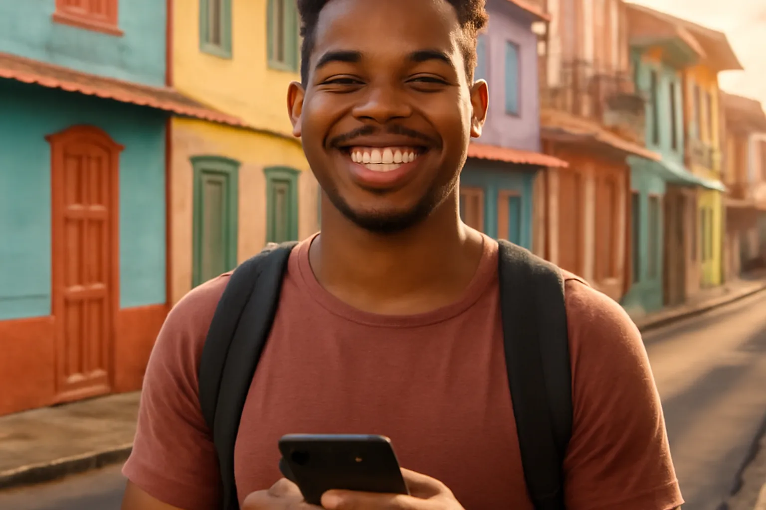 Jeune Martiniquais souriant dans une rue colorée de Fort-de-France avec son téléphone