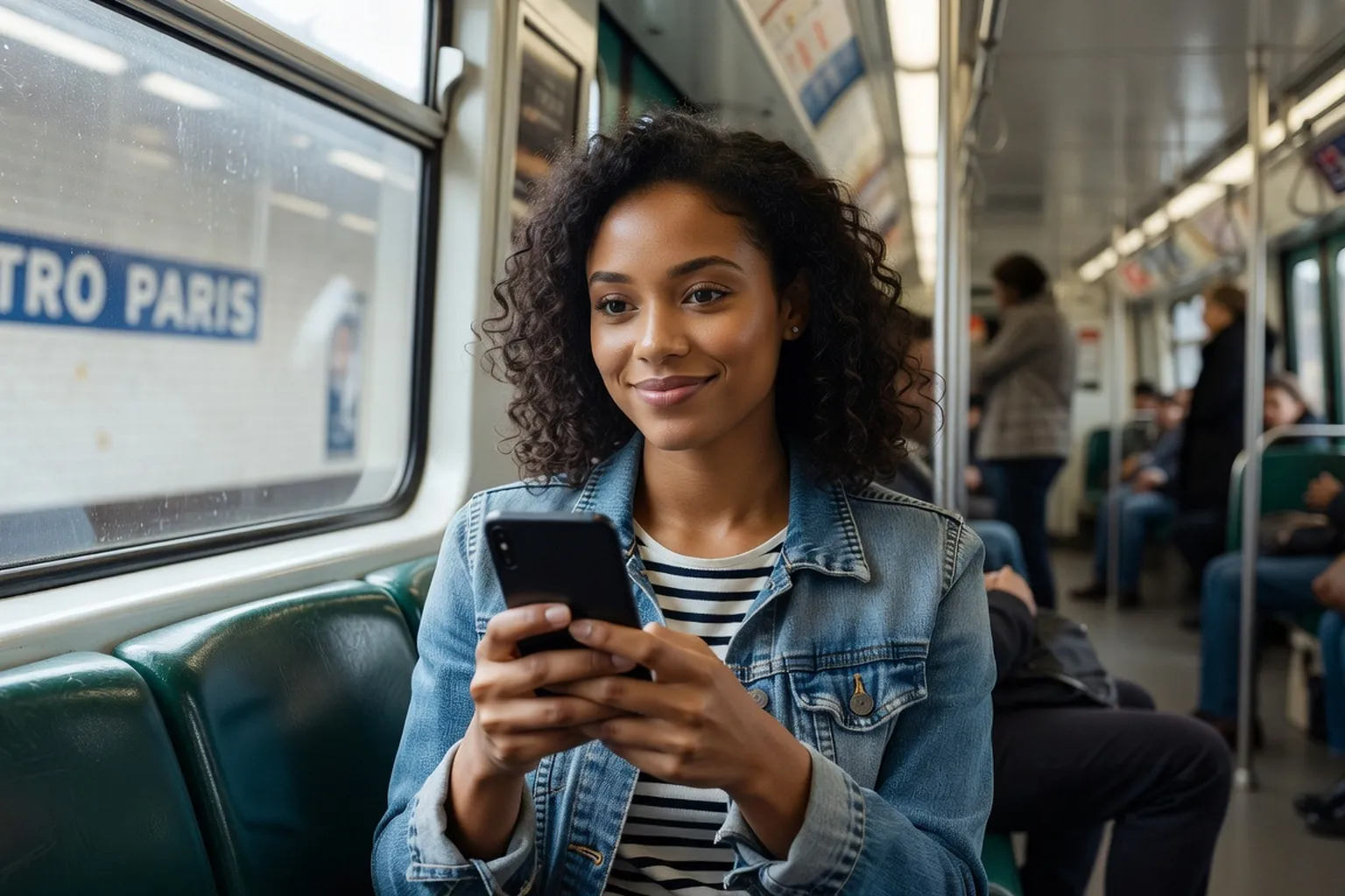 Femme créole dans le métro parisien regardant son téléphone avec le sourire