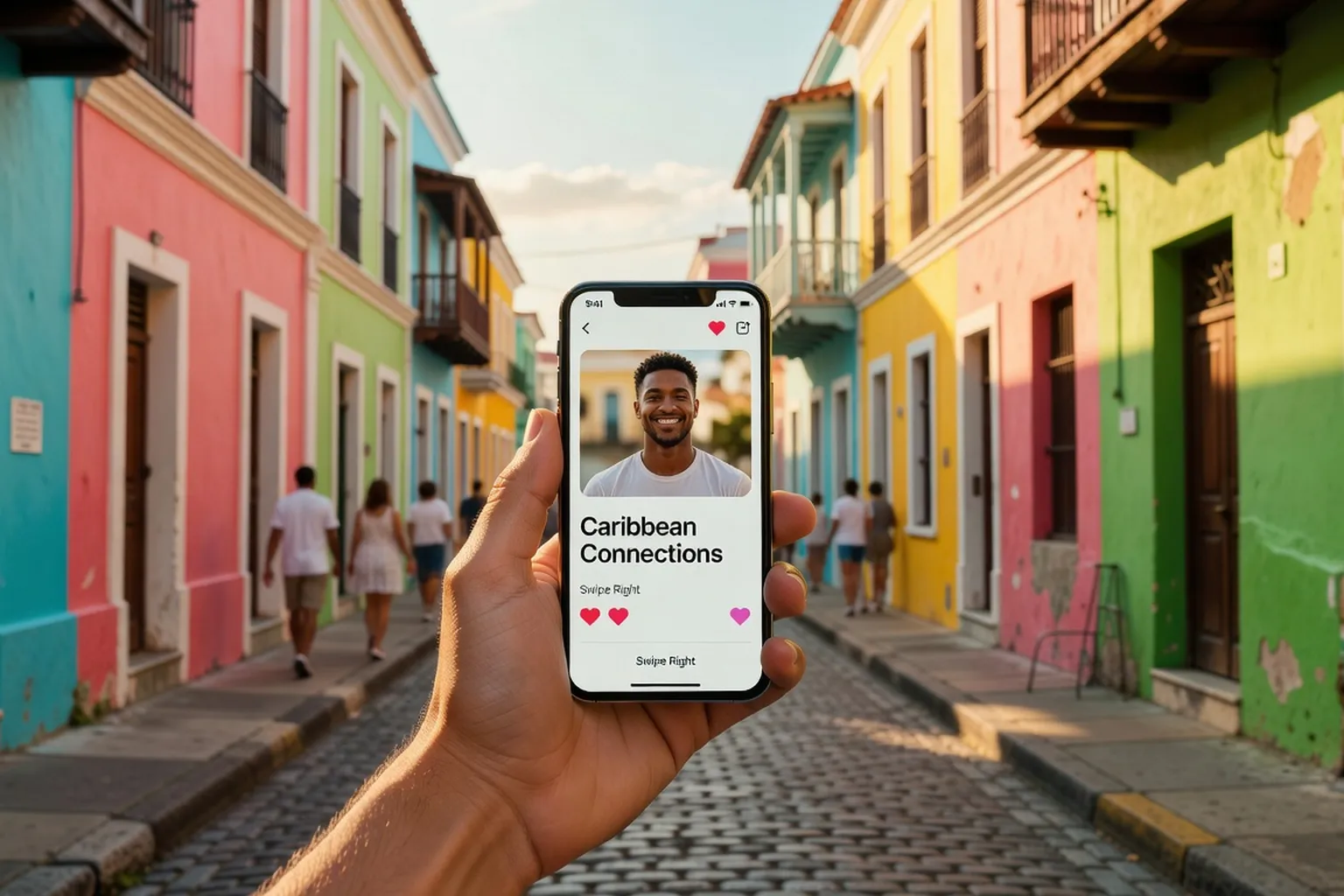 Interface de Tinder sur smartphone dans une rue colorée des Antilles avec soleil tropical