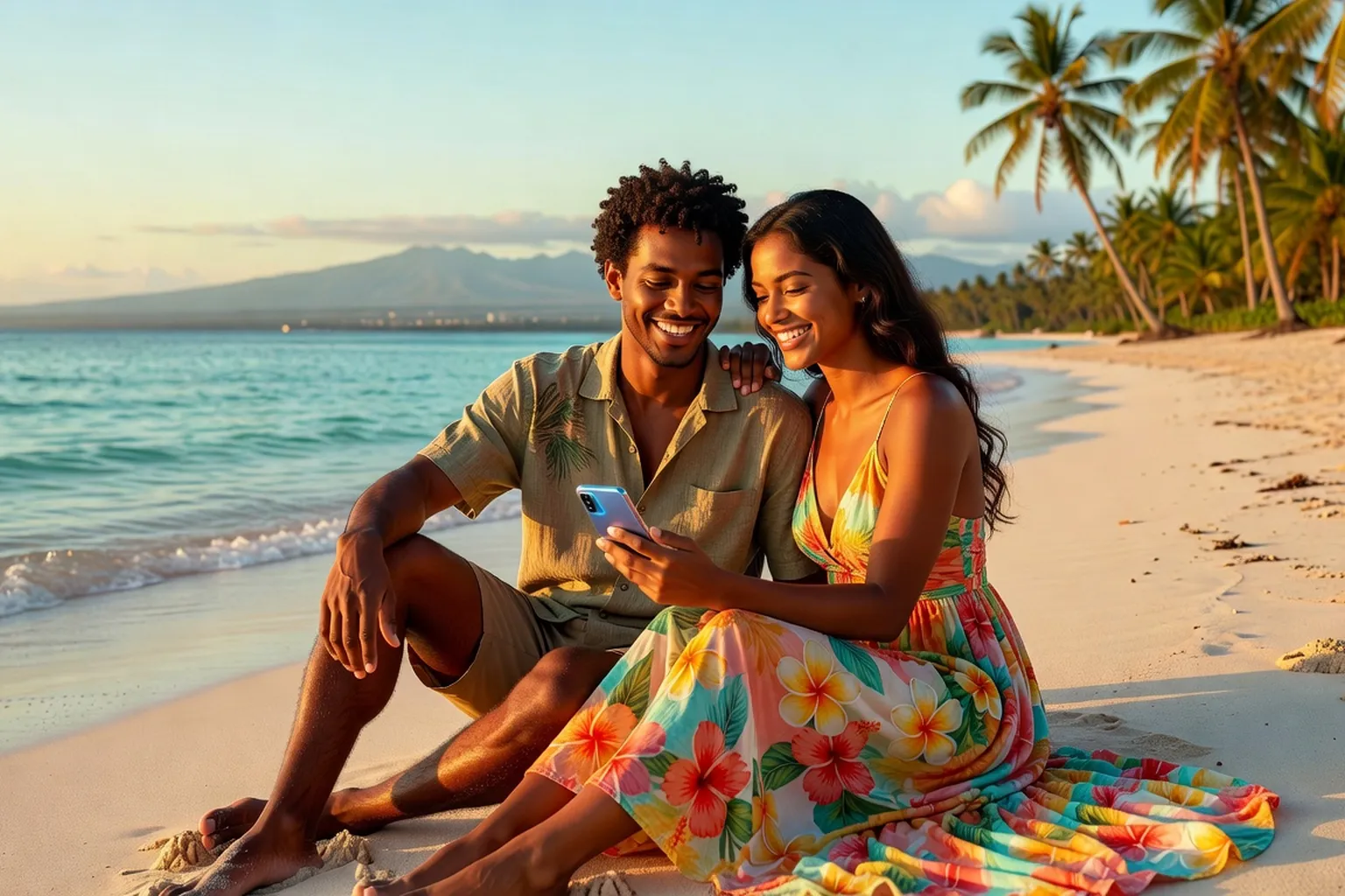Couple métissé créole utilisant Tinder sur une plage des Antilles au coucher du soleil