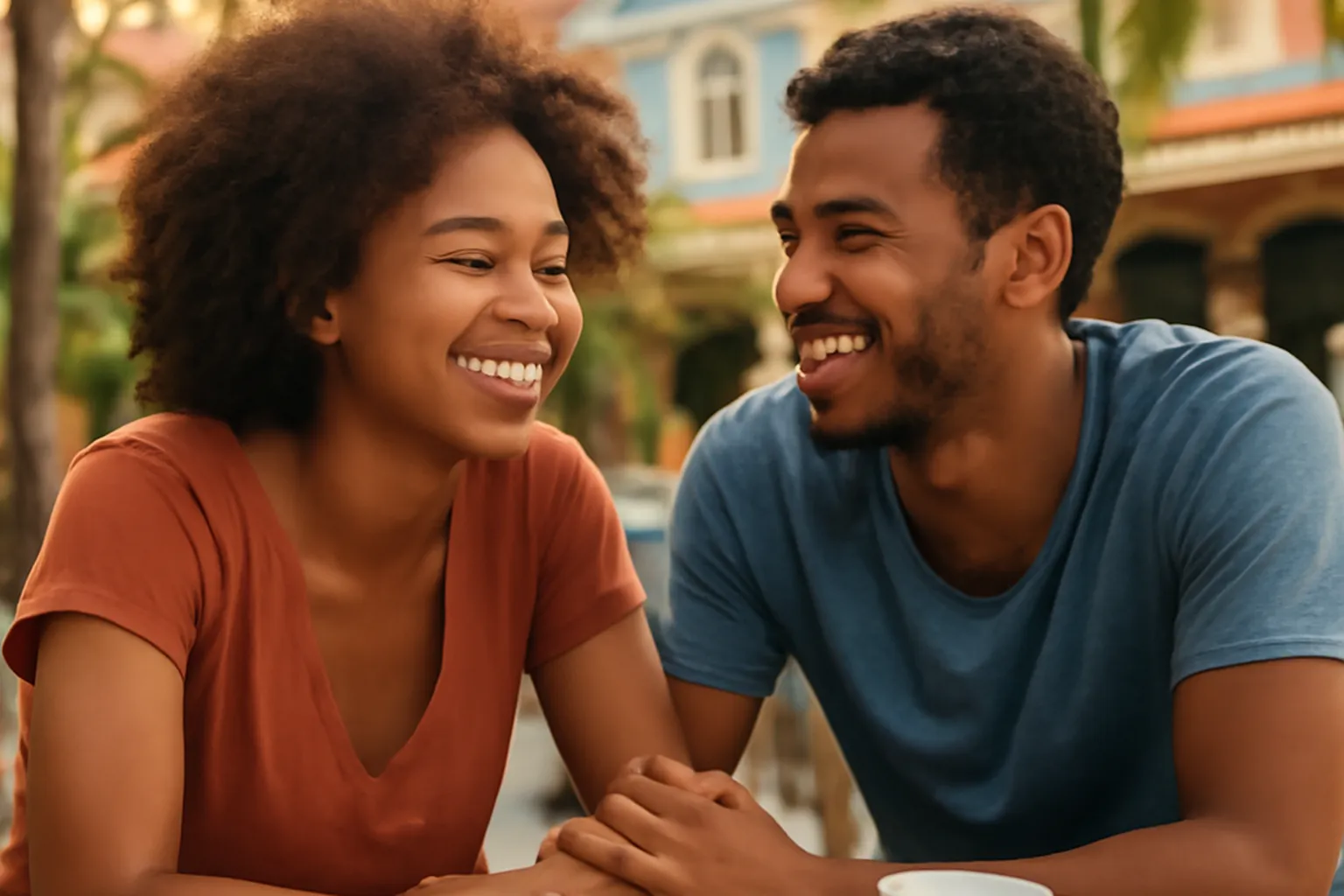 Couple souriant dans une ambiance décontractée aux Antilles lors d'un premier rendez-vous