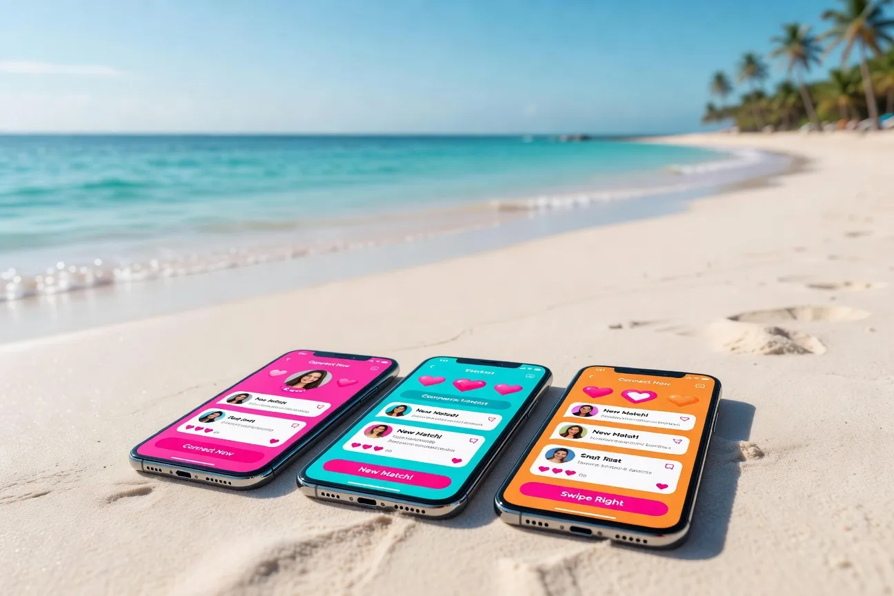Collage de smartphones avec logos d’apps de rencontre sur fond de plage guadeloupéenne ensoleillée