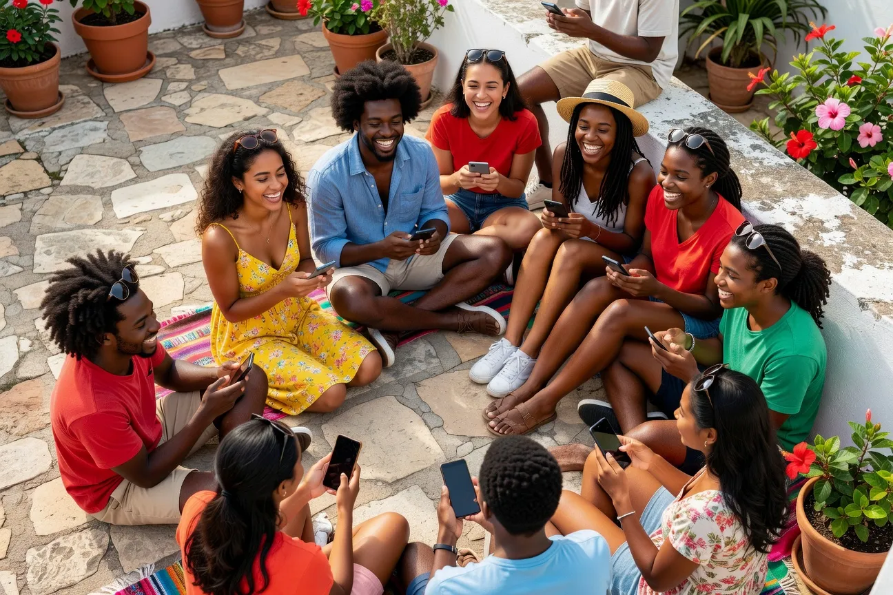 Couple en train de discuter sur une application de rencontre, avec vue sur la mer des Caraïbes en arrière-plan