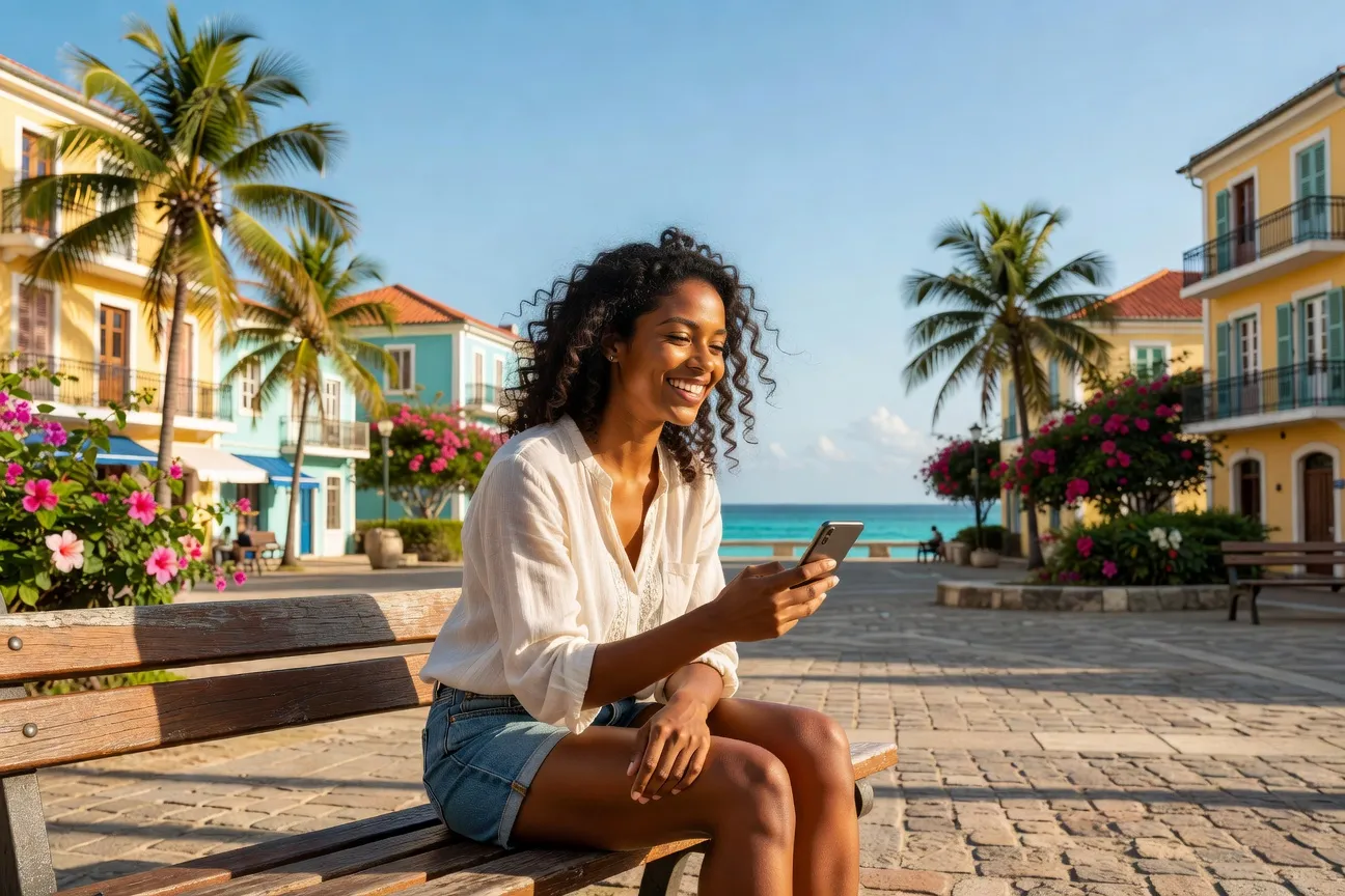 Jeune femme martiniquaise souriant à son téléphone dans un espace public ensoleillé