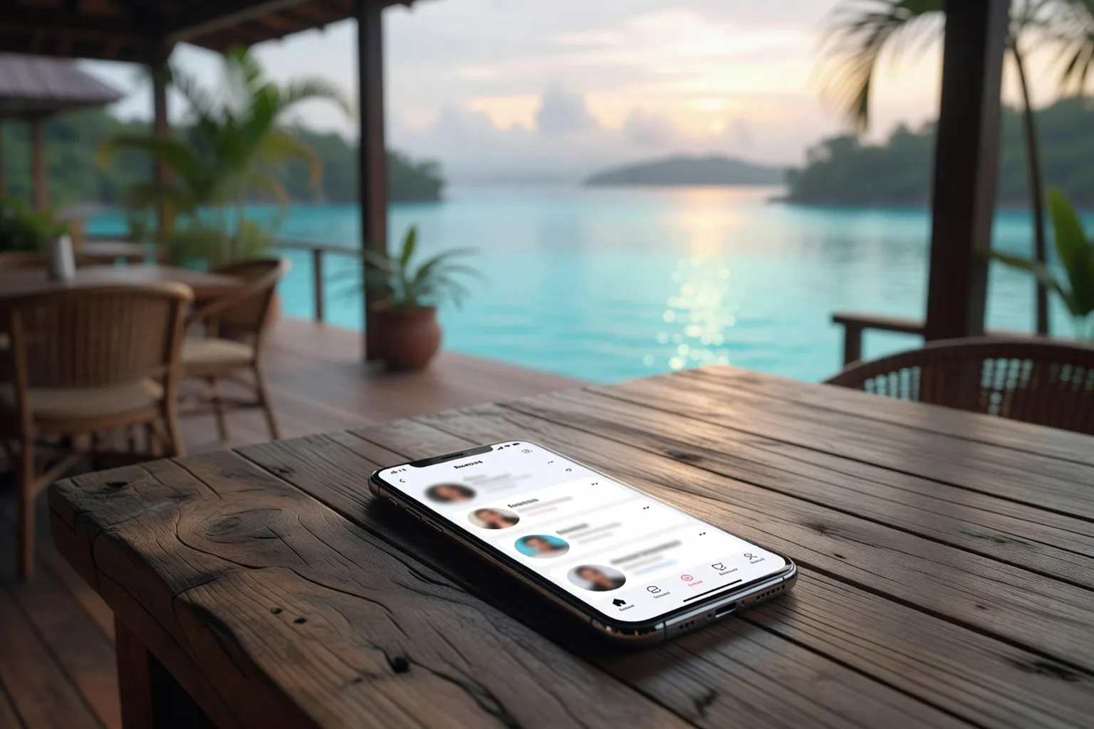 Vue du lagon depuis Nouméa avec profils d'applications de rencontre en superposition discrète