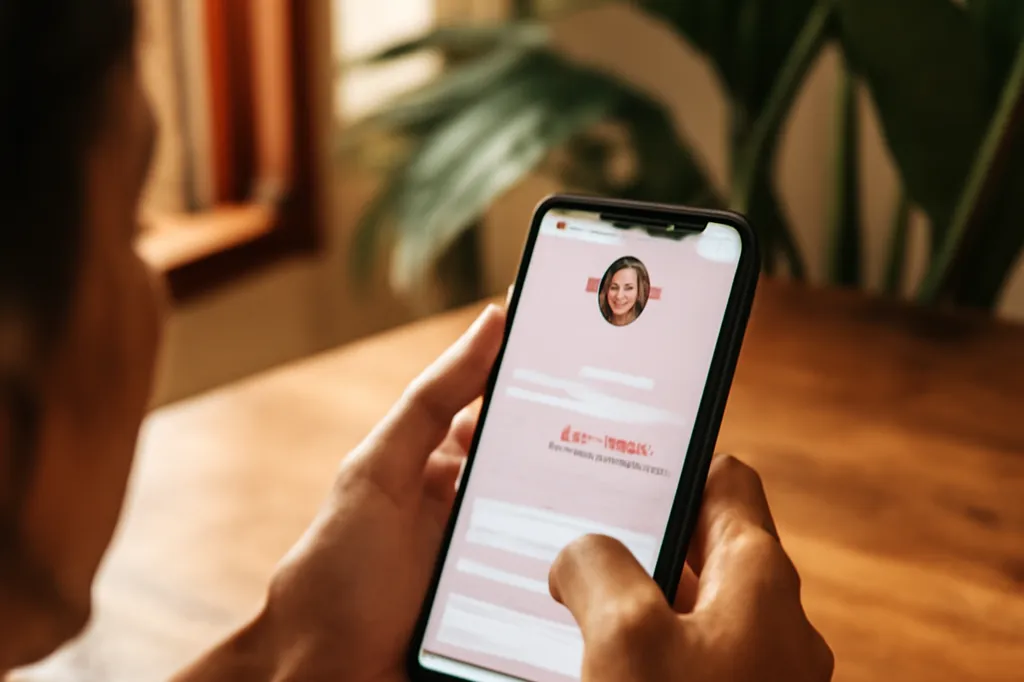 Deux personnes échangent des messages personnalisés sur une application de rencontre avec un paysage tropical en arrière-plan