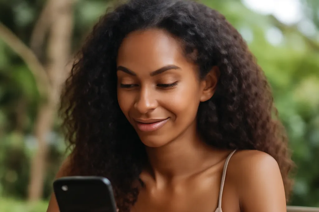 Femme réunionnaise trentenaire triant les photos de son profil de rencontre sur son smartphone