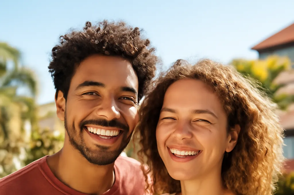Couple souriant profitant d'une terrasse ensoleillée en Martinique