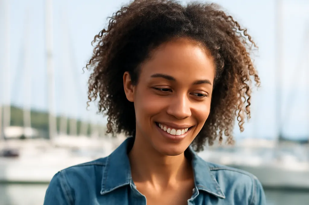 Jeune femme souriante près d'un port de plaisance à Nouméa consultant son téléphone