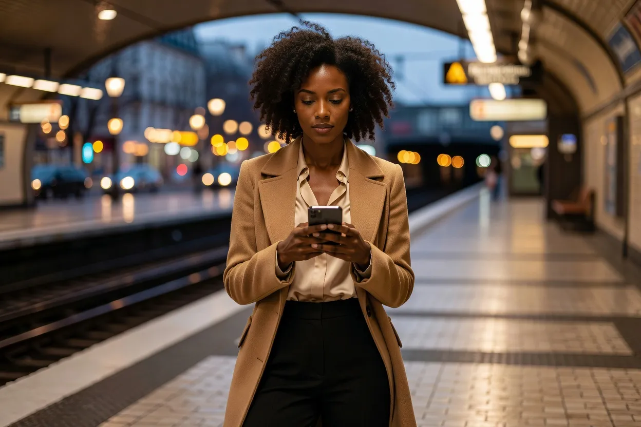 Jeune femme antillaise consultant une application de rencontre sur un quai de métro parisien en soirée