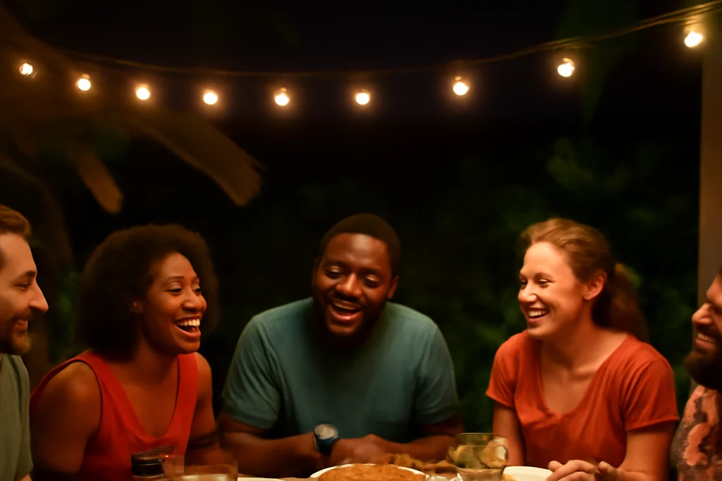 Groupe d'expatriés partageant un dîner créole en terrasse aux Antilles