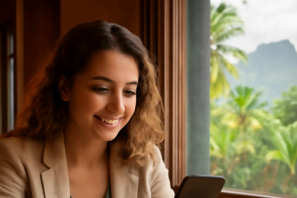 Jeune femme installée dans un café réunionnais consultant une application de rencontre