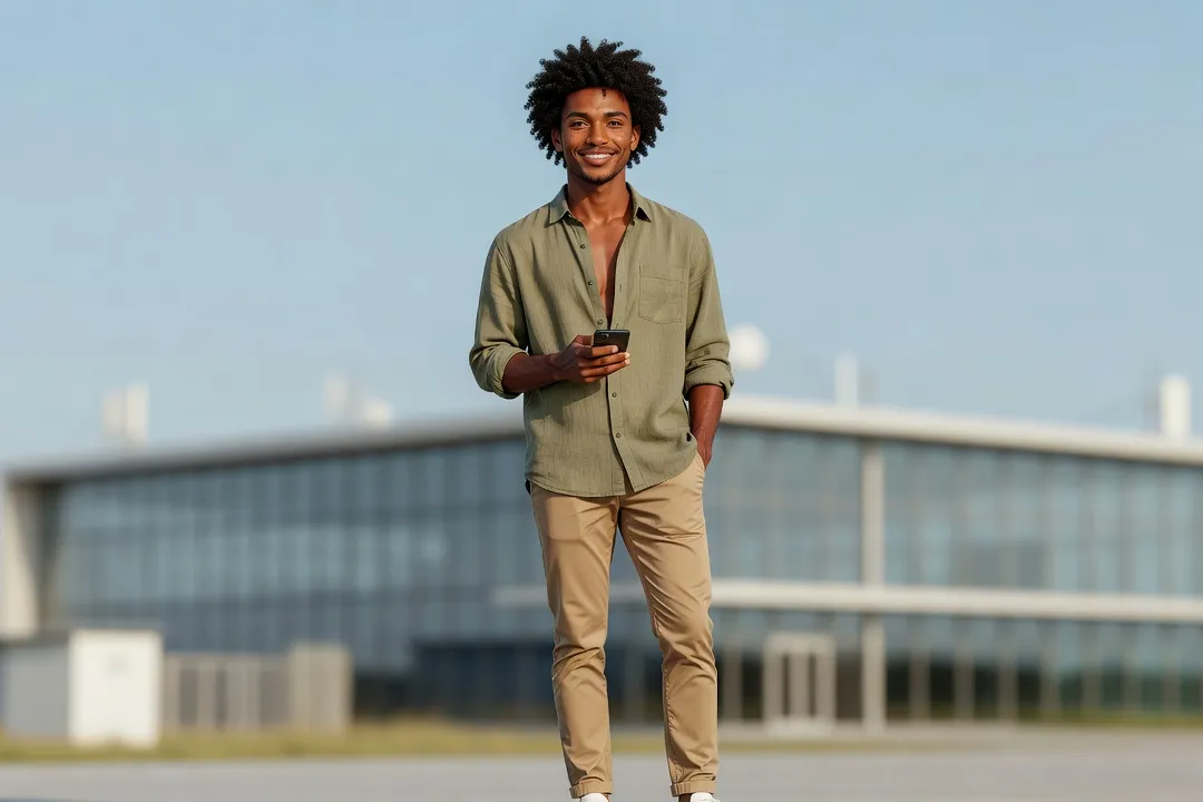 Jeune homme guyanais souriant tenant son téléphone près d'un bâtiment moderne à Kourou