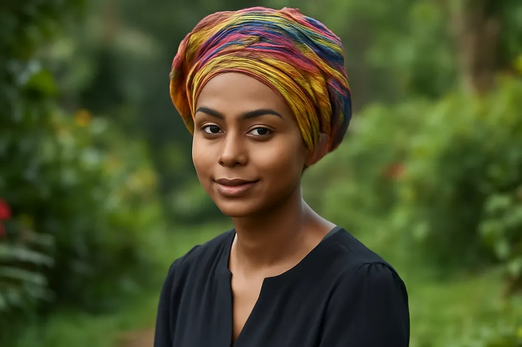 Portrait élégant d'une jeune femme mahoraise avec un foulard traditionnel coloré dans un jardin
