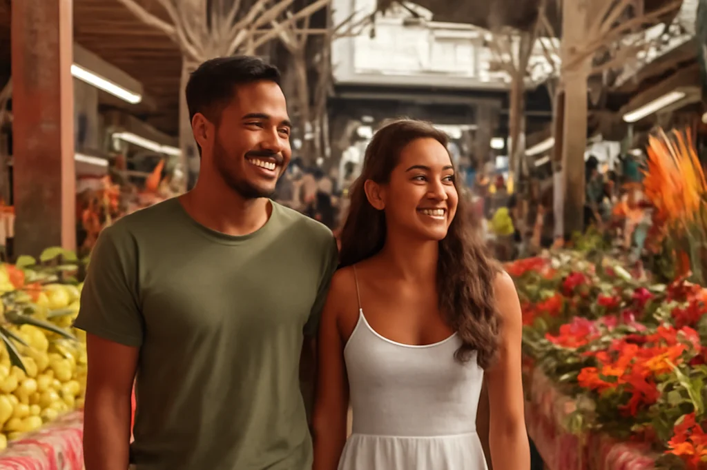 Couple polynésien se promenant au marché de Papeete à Tahiti