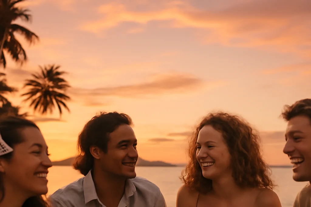 Groupe d'amis profitant d'un coucher de soleil sur une plage de Moorea