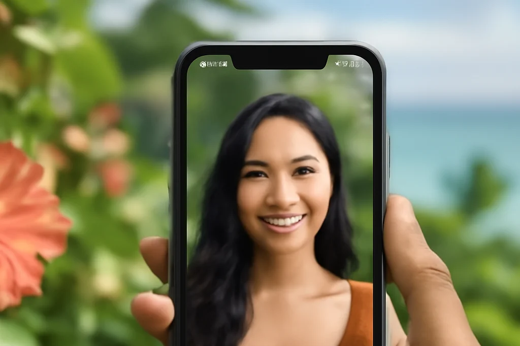 Smartphone affichant une application de rencontre dans un cadre tropical polynésien