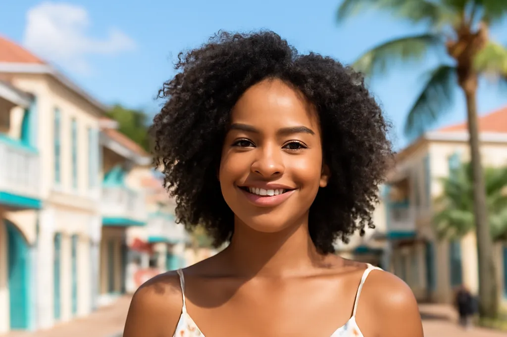 Femme sur une rue en bord de mer de Saint-Martin avec des façades coloniales pastel et des palmiers
