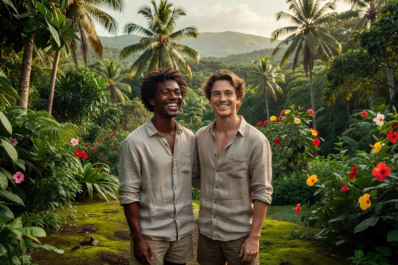 Couple mixte antillais heureux dans un paysage tropical guadeloupéen
