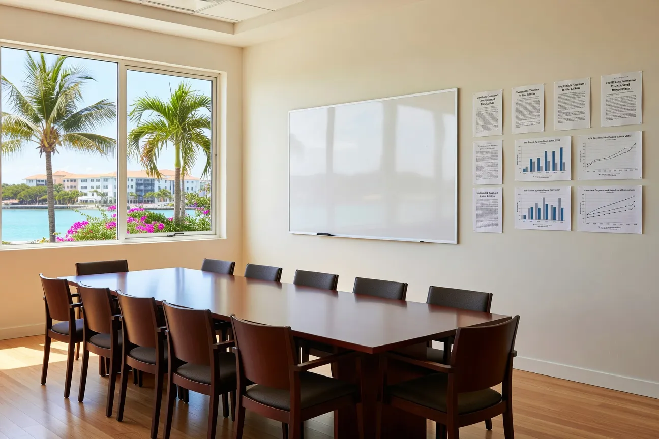 Salle de conférence universitaire avec tableau et publications académiques