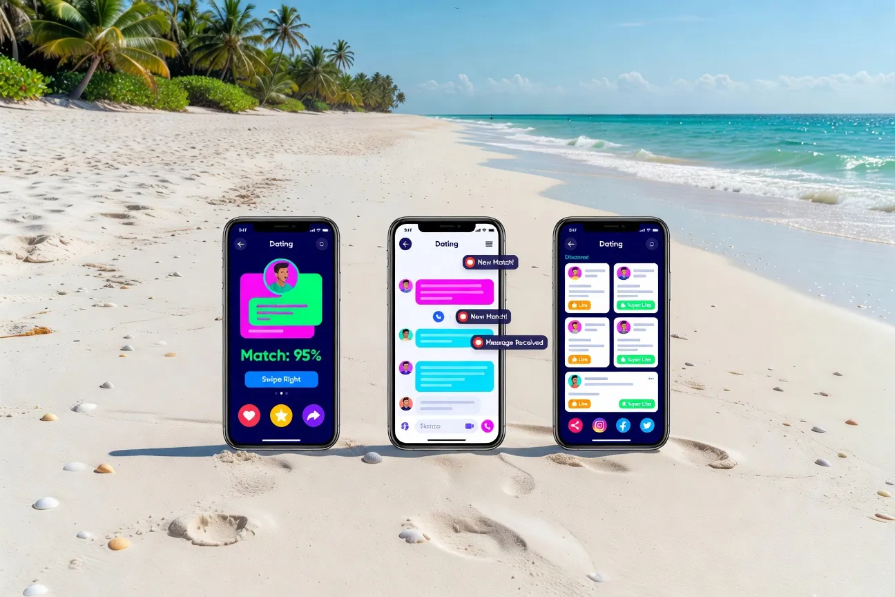 Collage de smartphones montrant différentes apps de rencontre avec des îles tropicales en fond, ambiance colorée