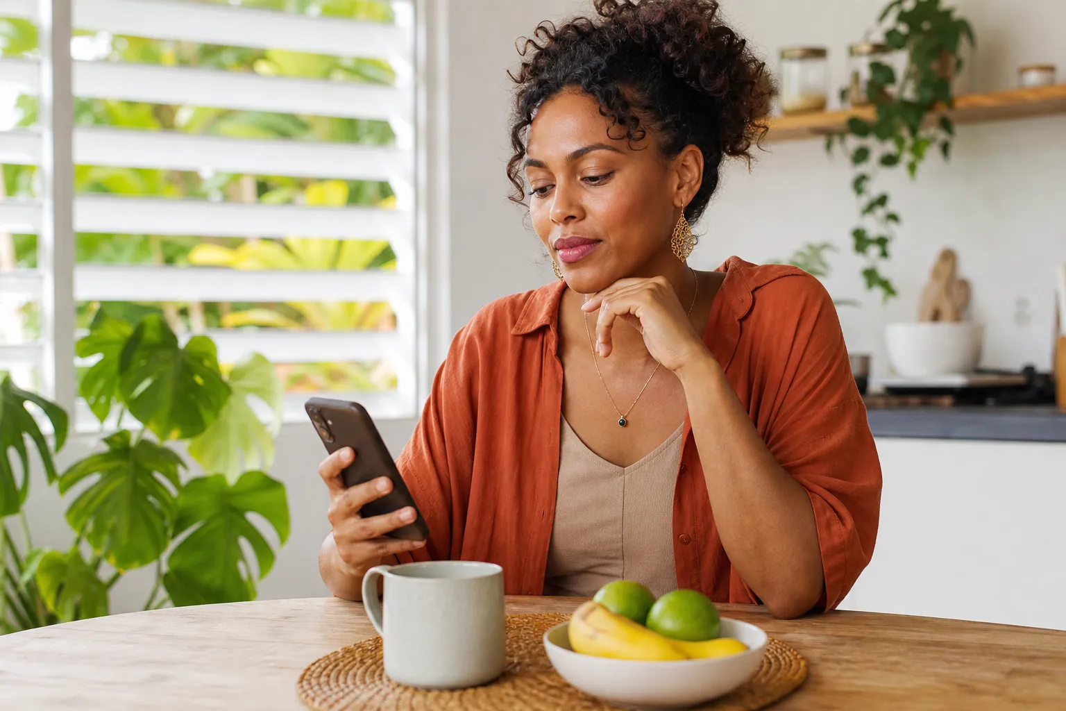 Une femme antillaise examine avec prudence un profil de rencontre sur son téléphone dans une cuisine lumineuse