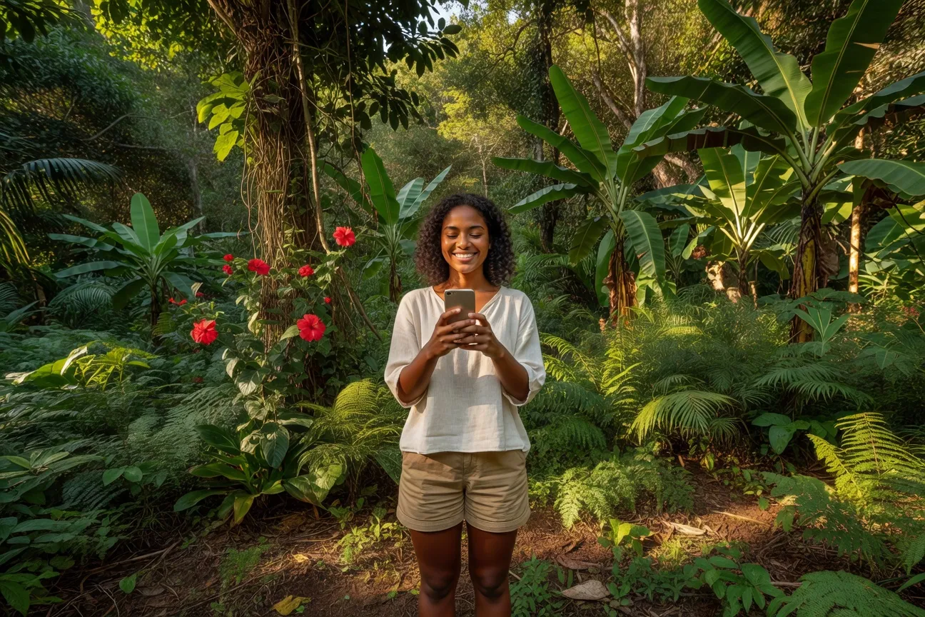 Jeune femme réunionnaise souriante regardant son téléphone avec végétation tropicale en arrière-plan