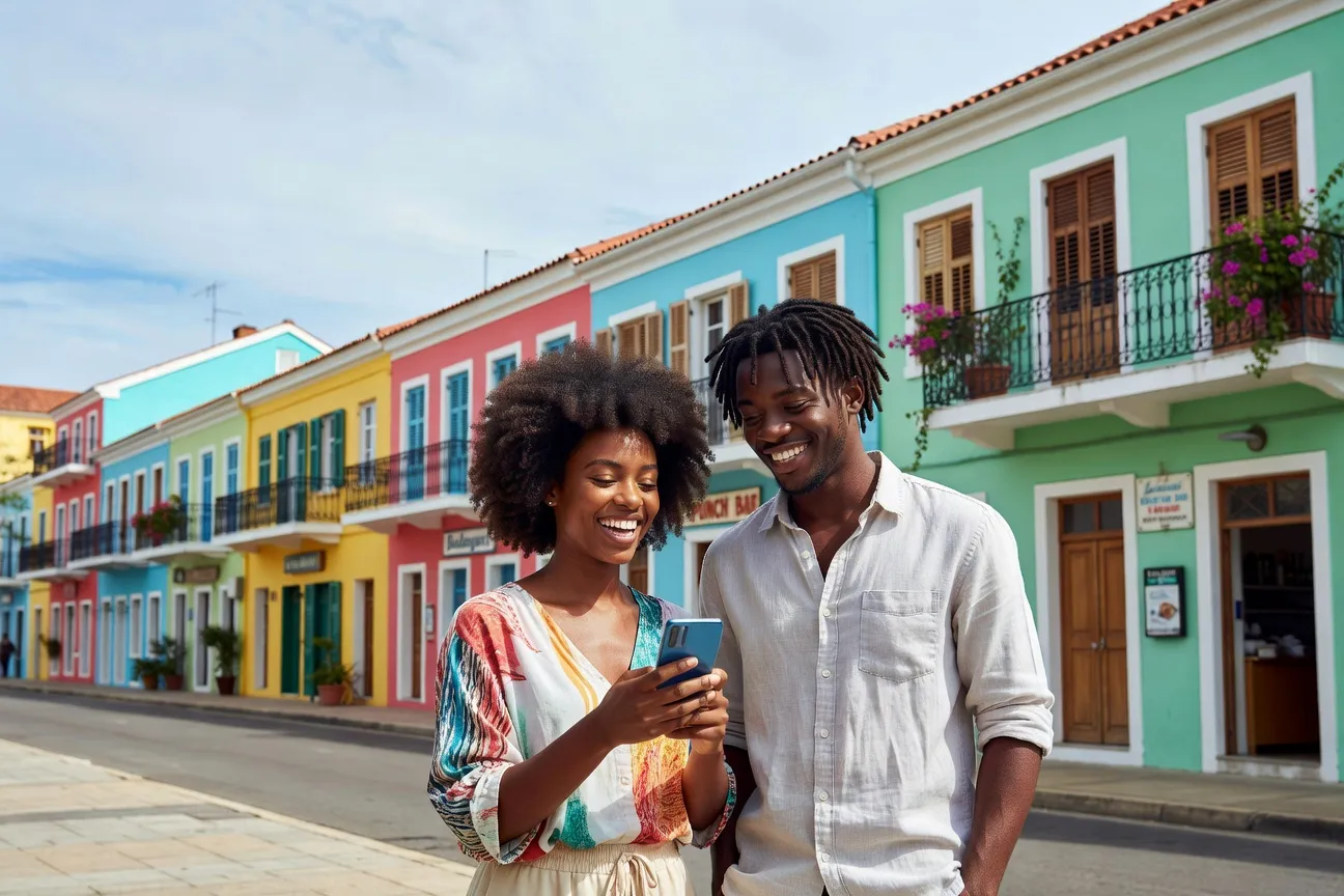 Jeune couple antillais souriant, femme regardant son téléphone, décor urbain martiniquais en arrière-plan