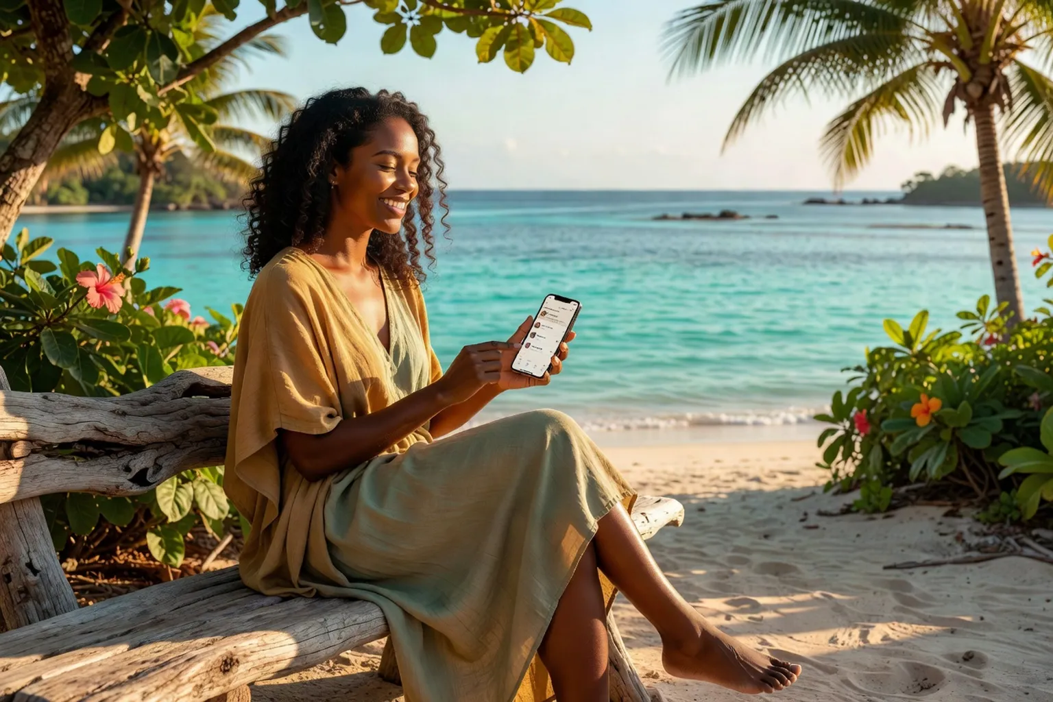 Une femme calédonienne consulte des applications de rencontre depuis Nouméa avec le lagon en arrière-plan