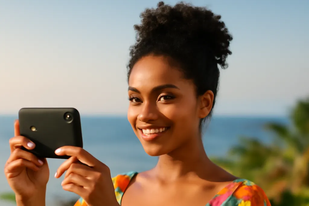 Jeune femme créole prenant un selfie lumineux sur un balcon tropical