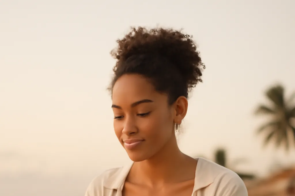 Femme antillaise souriante comparant plusieurs applications de rencontre sur son téléphone