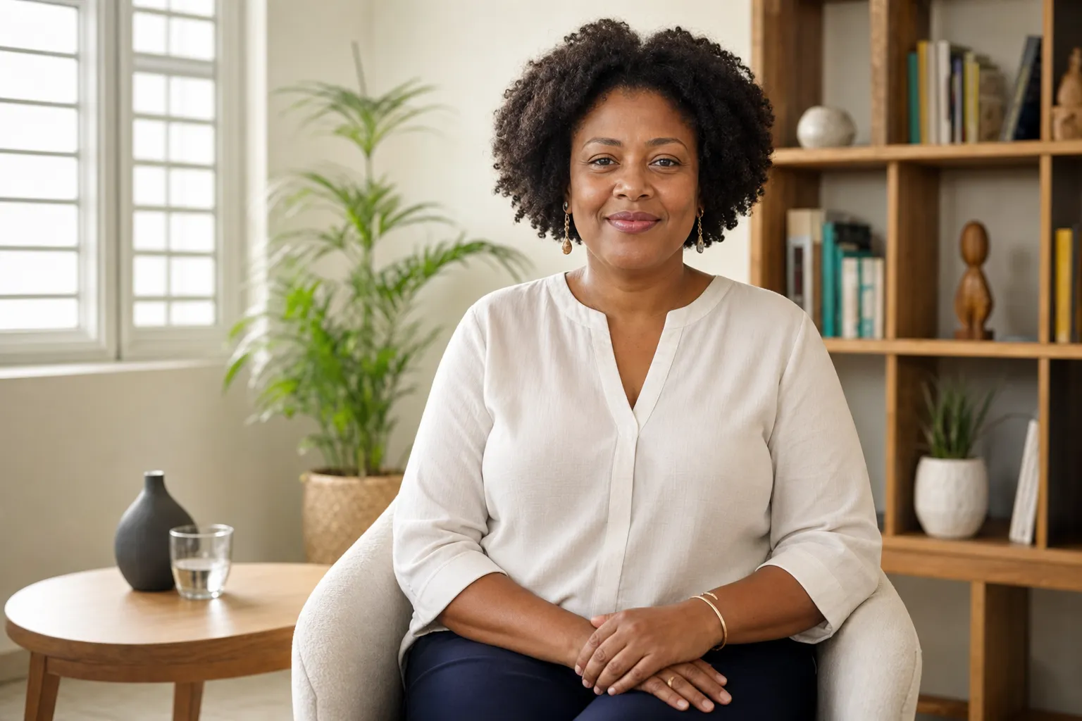 Une femme souriante, Claire Montrose, médiatrice familiale, en visioconférence avec un couple, symbolisant le soutien aux relations à distance entre DOM-TOM et métropole.