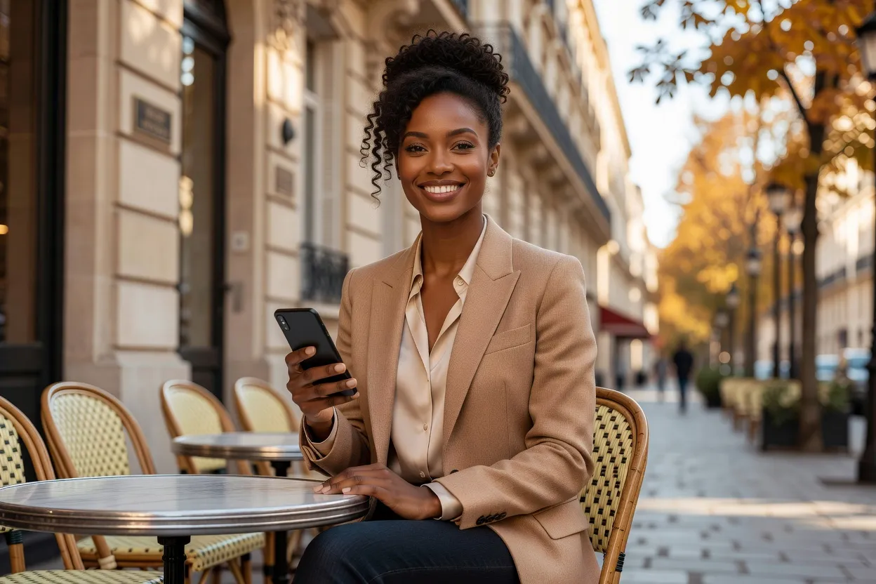 Femme antillaise élégante consultant son téléphone à la terrasse d'un café parisien